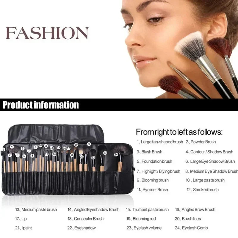 24 PCS Professional Makeup Brush Set with Leather Case – Perfect for Foundation, Eyebrow, Powder, and Eye Shadow