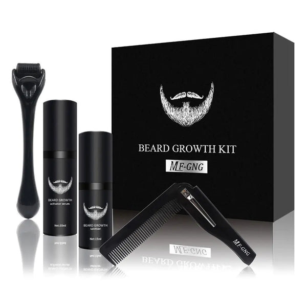 Men's 4-Piece Beard Growth Kit with Growth Enhancer Oil, Leave-in Conditioner, and Comb